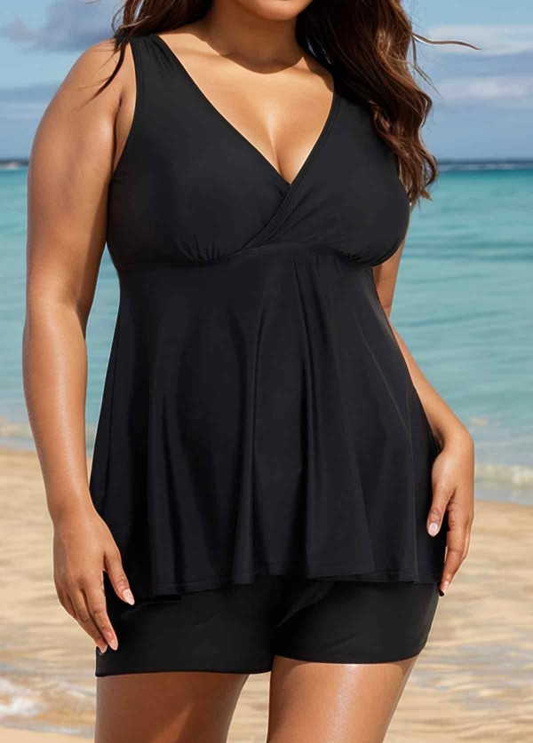 Black Wide Straps Wrap Curvy Two Piece Bathing Suits Tankini Top