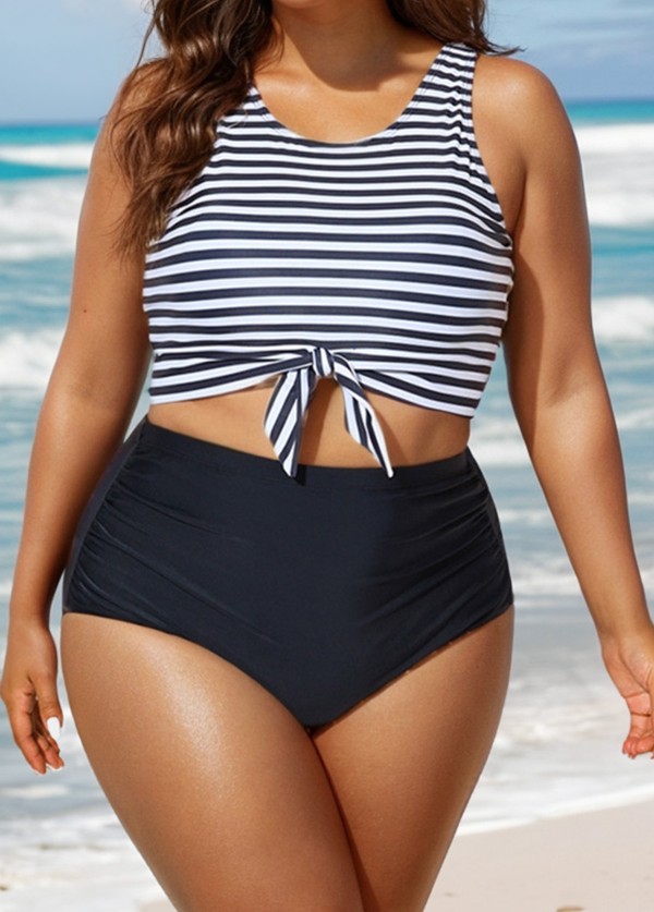 Plus Size Black And White Striped Knotted Bikini Top