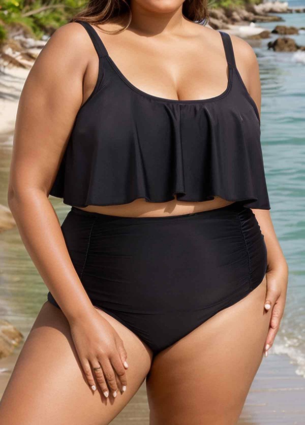 Black Scoop Neck Ruffles High Waist Bikini Top