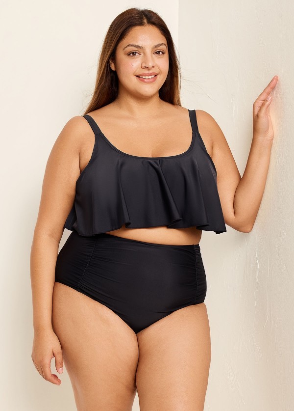 Black Scoop Neck Ruffles High Waist Bikini Top