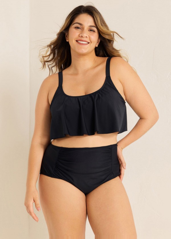 Black Scoop Neck Ruffles High Waist Bikini Top