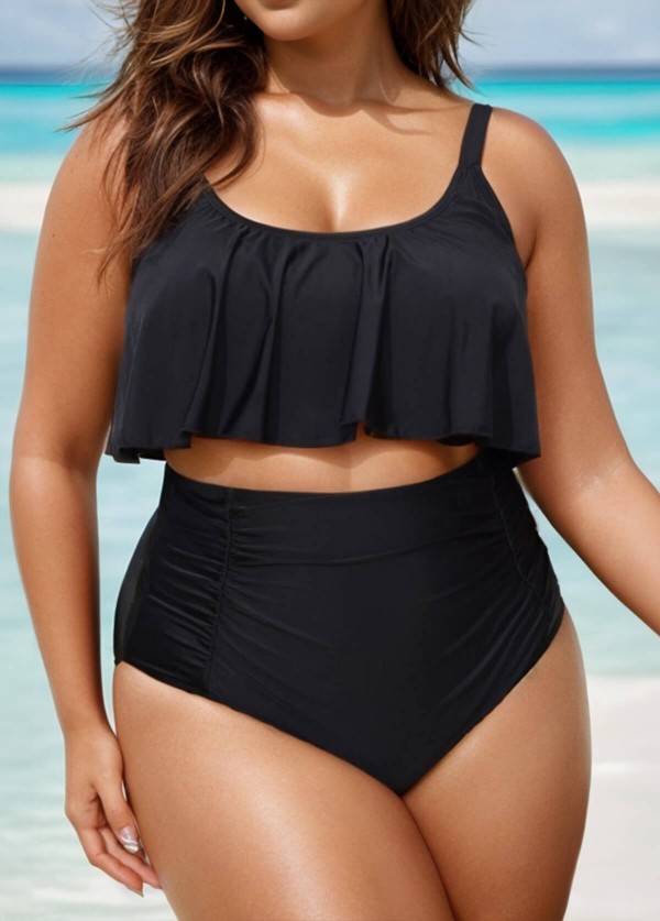 Black Scoop Neck Ruffles High Waist Bikini Top
