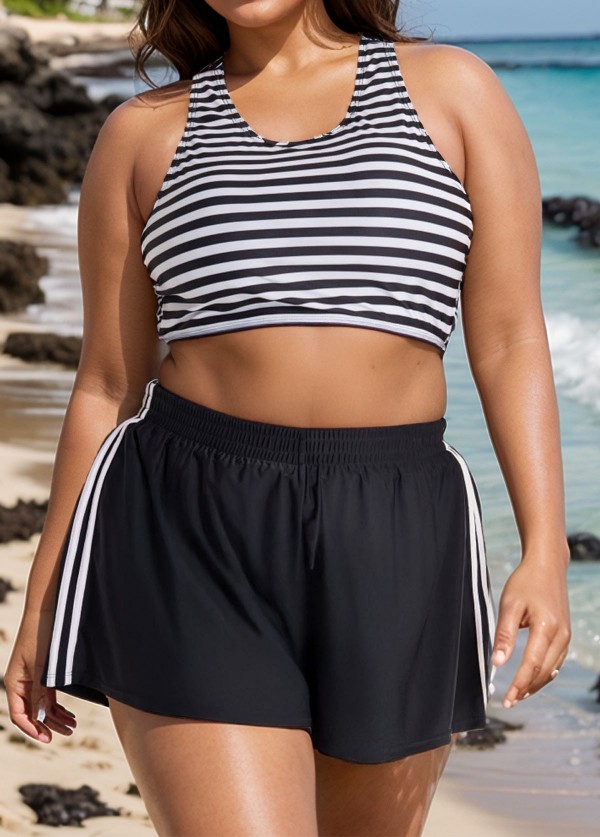 Black And White Striped Criss Cross Bikini Top