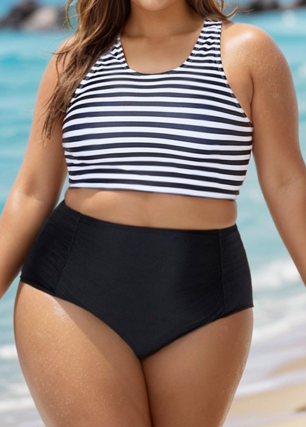 Black And White Striped Criss Cross Bikini Top