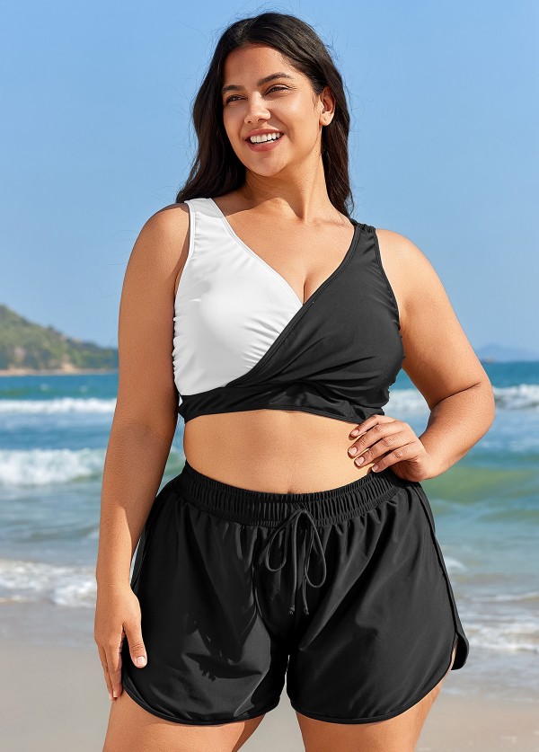 Black And White V Neck Patchwork Colorblocked Bikini Top
