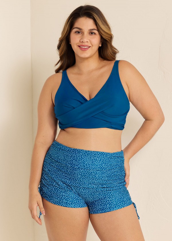 Deep Blue Twisted Front Fashion Plus Size Bikini Top
