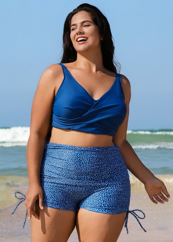 Deep Blue Twisted Front Fashion Plus Size Bikini Top