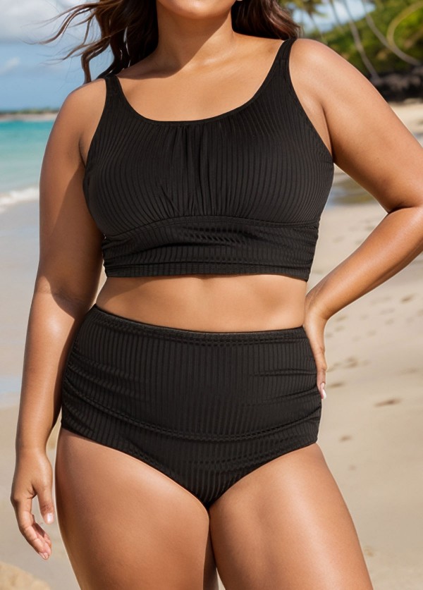 Black Puckered Halter Plus Size Modest Bikini Set