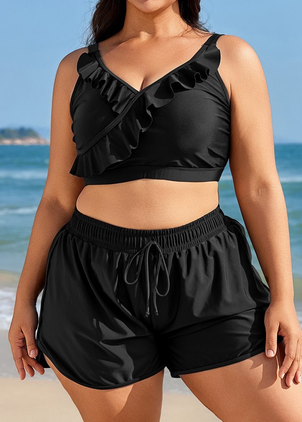 Plus Size Black With Frill Details Modest Elegant Bikini Swimsuit Top