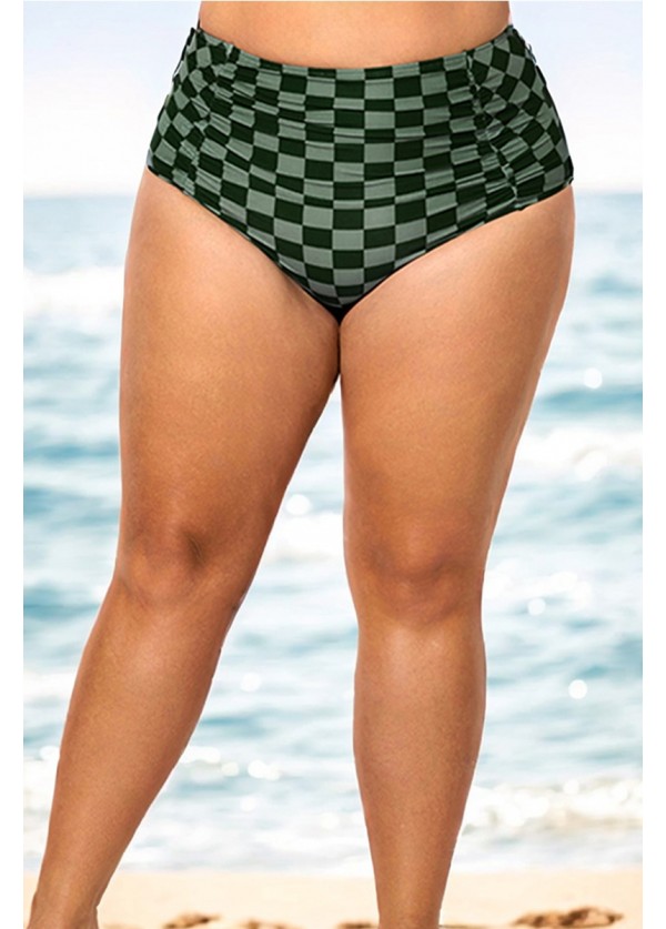 Green Ruched Check High Waisted Bikini Bottom