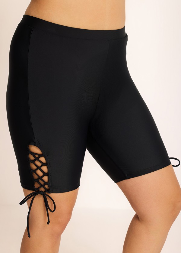 Black Lace Up Side Black Mid Waist Swim Bottom