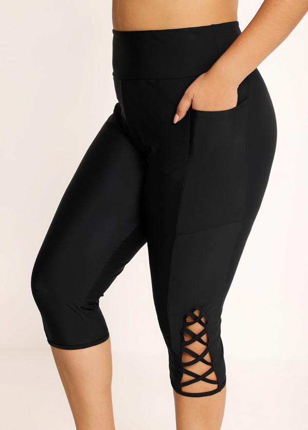 Plus Size Black High Waisted Tummy Control Side Pocket Swimsuit Bottom Swim Capri Pants