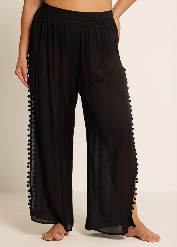 Plus Size Black Side Slits Tassel Swimsuit Cover Up Pants