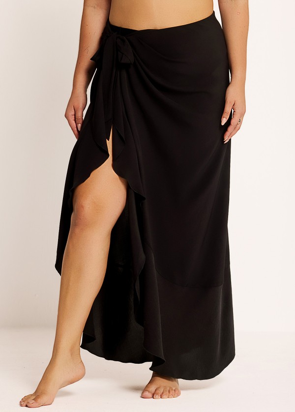 Curvy Black Side Slits Sarong Beachwear Cover Ups Dress