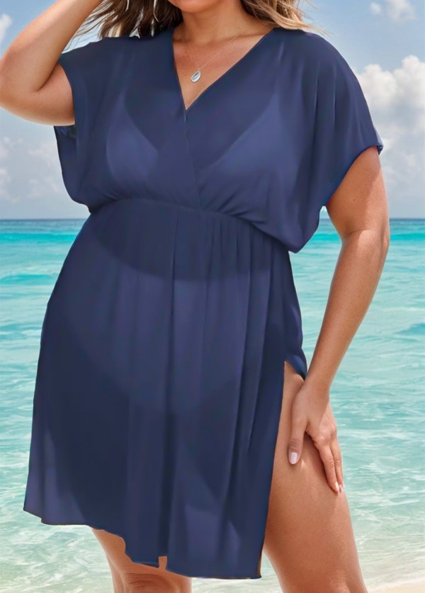 Purplish Blue V Neck Semi-Sheer Split Boho Style Cover Up