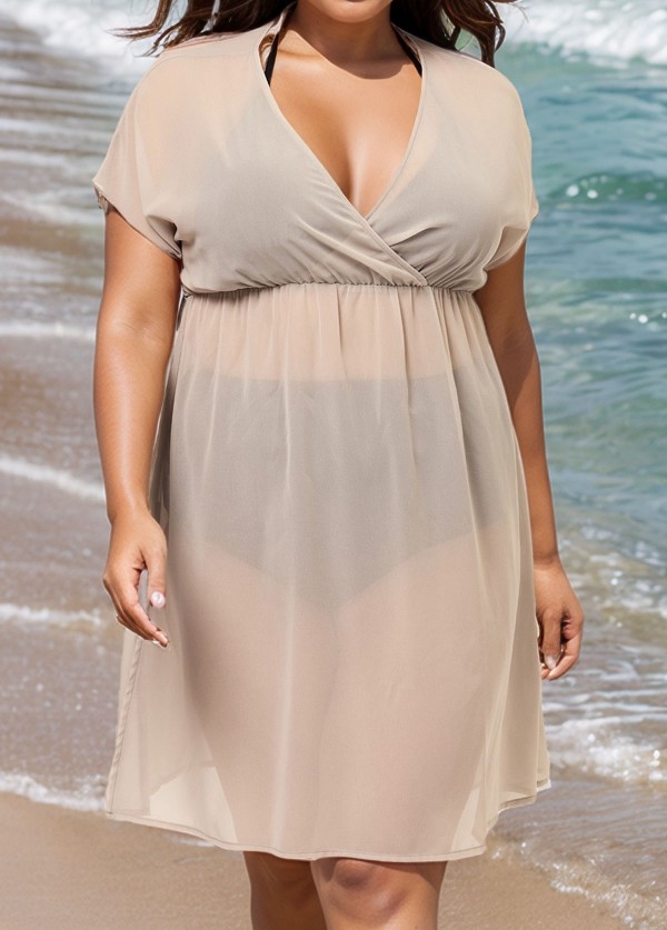 Gray V Neck Semi-Sheer Split Boho Style Cover Up