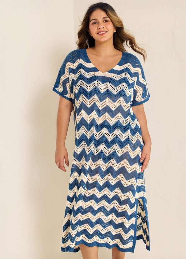 Blue And White Geometric Slit Hem Cutout Swimsuit Cover Up