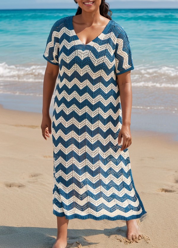 Blue And White Geometric Slit Hem Cutout Swimsuit Cover Up
