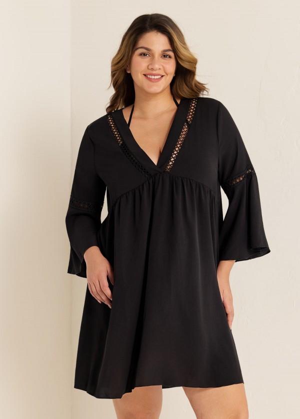 Plus Size Black V Neck Loose Side Slit Hem Cover Up