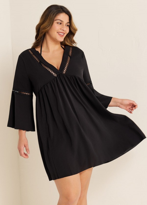 Plus Size Black V Neck Loose Side Slit Hem Cover Up