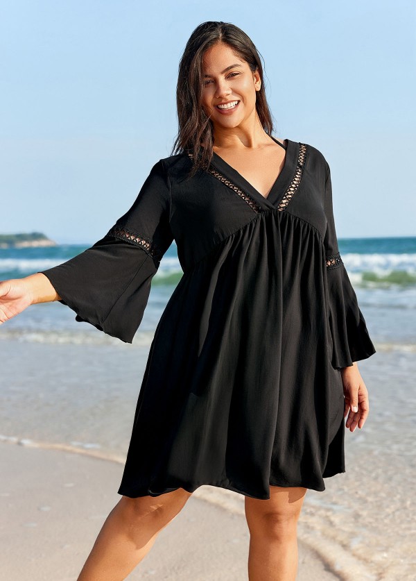 Plus Size Black V Neck Loose Side Slit Hem Cover Up
