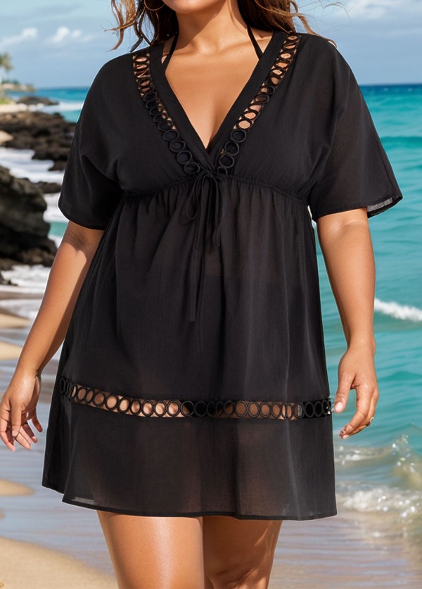 Black Fashionable Plus Size Hollow Out Short Sleeve Cover Up