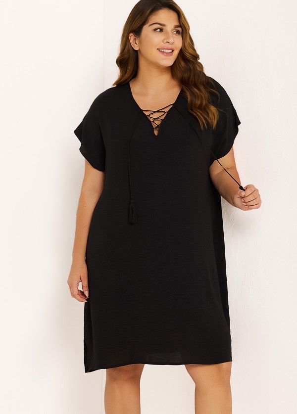 Black Lace Up Neckline Short Sleeves Plus Size Bathing Suit Cover Ups Dress