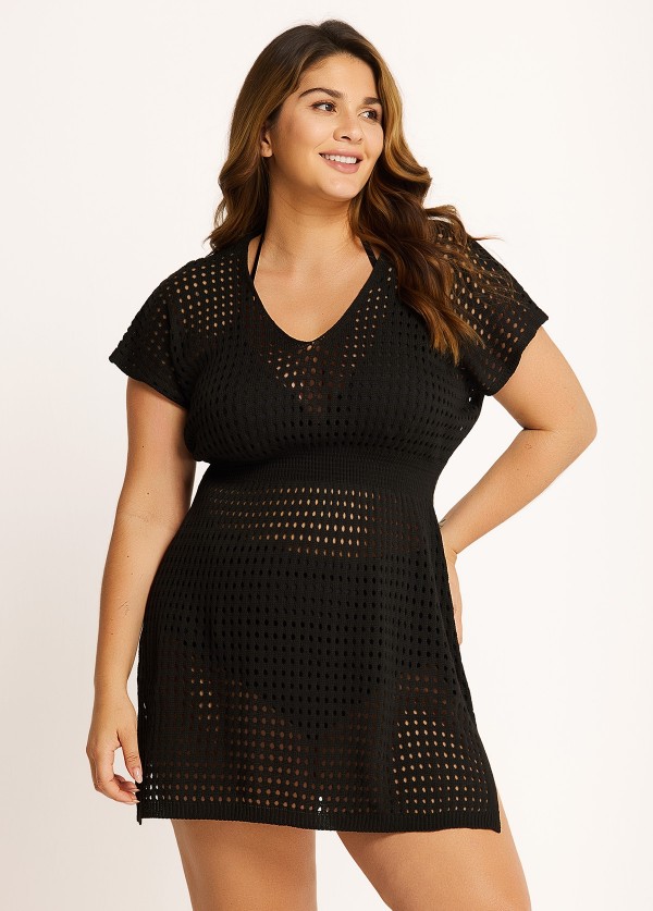 Black Cut Out Crochet Knit Cap Sleeves Curvy Swim Cover Ups Dress