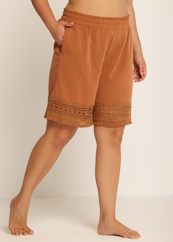 Curvy Brown Paperbag Waist Drawstring Lace Hollow Swimsuit Cover Up Shorts