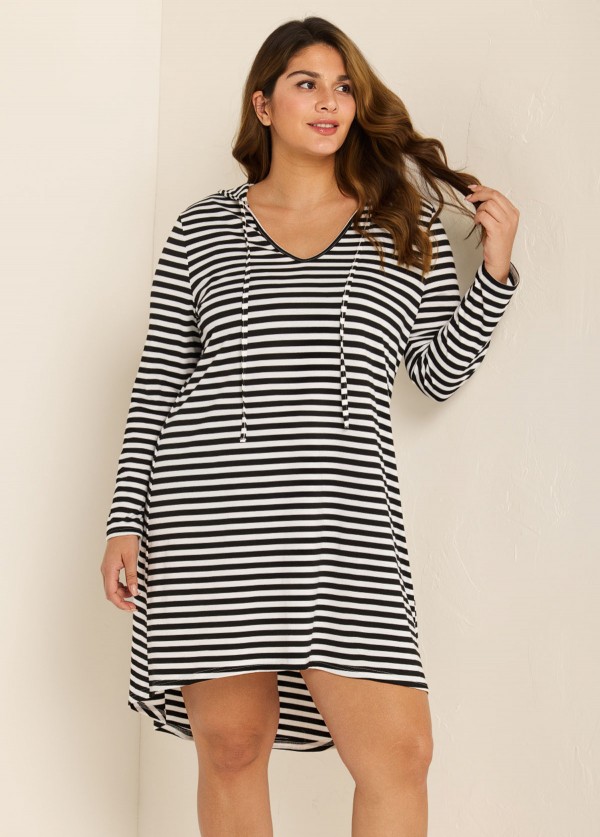White Striped Hoodie Curvy Beachwear Cover Ups Dress