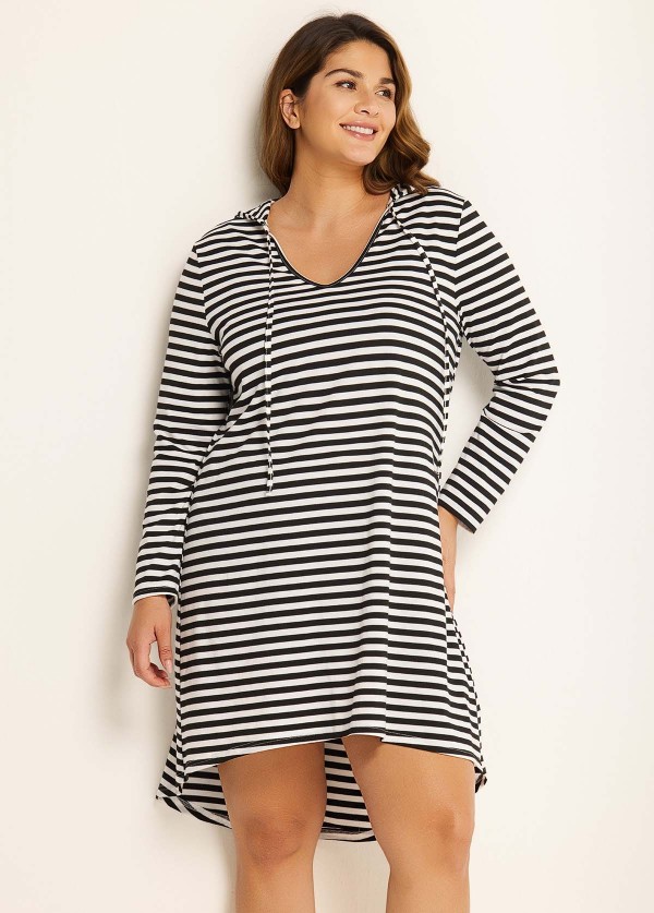 White Striped Hoodie Curvy Beachwear Cover Ups Dress