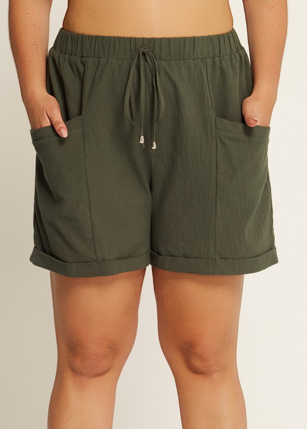 Casual Green Drawstring Pocket Plus Size Beachwear Cover Ups Shorts