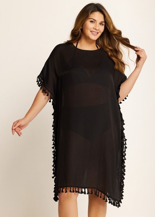 Plus Size Black Tassel Short Sleeve Swimsuit Cover Up Dress