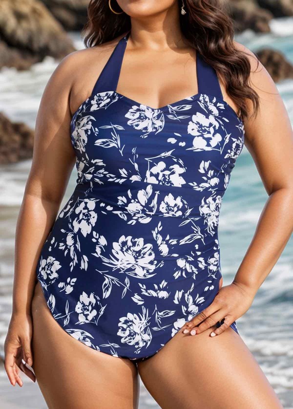 Navy Floral Sweetheart Neck Sarong Front Modest Plus Size One Piece Swimsuit