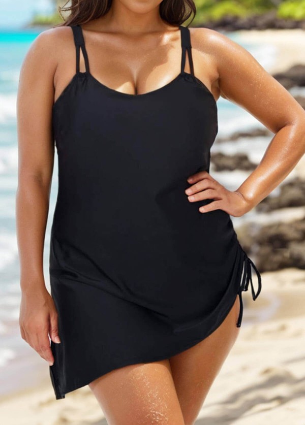Black Ruched Tie Side Women One Piece Swimsuit