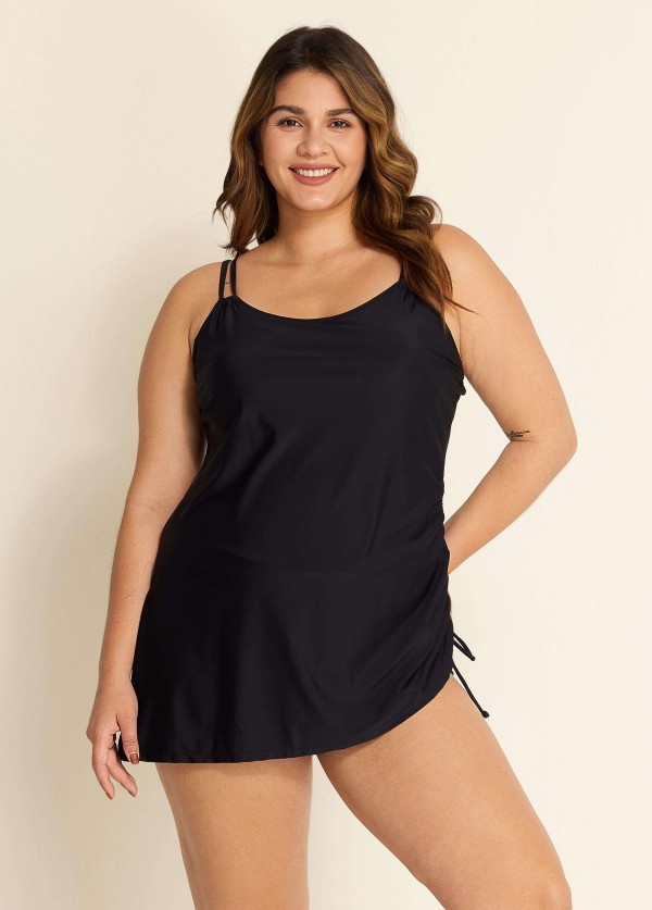 Black Ruched Tie Side Women One Piece Swimsuit