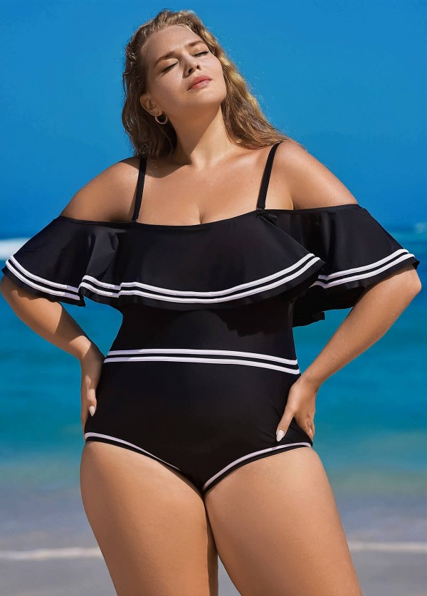 Plus Size Off Shoulder Ruffles Women One Piece Swimsuit