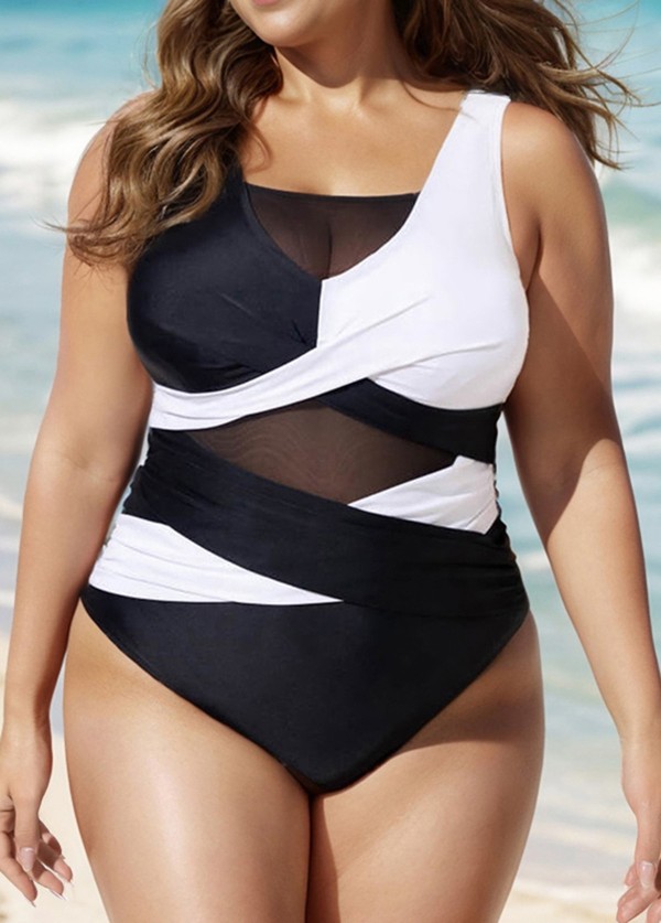 Black And White Sexy Cut Out Mesh One Piece Swimsuit