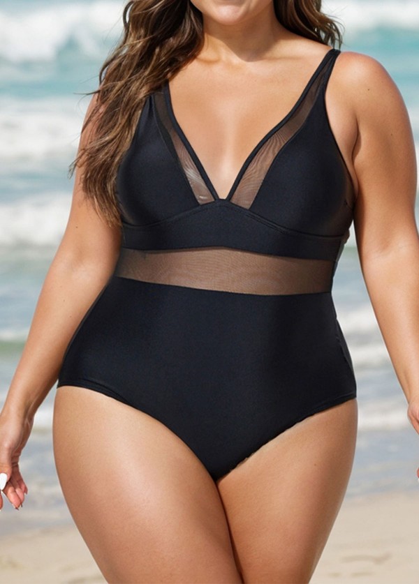 Black Mesh Adjustable Straps Women One Piece Swimsuit