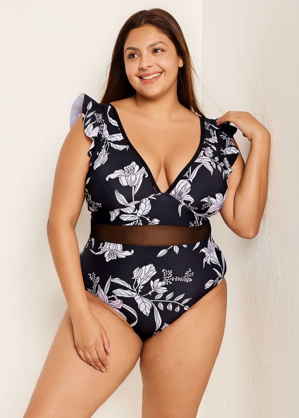 Black And White Floral Print Ruffle V-Neck Mesh One Piece Swimsuit