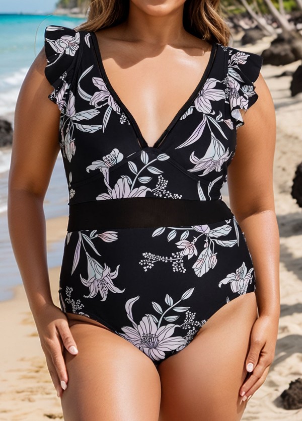 Black And White Floral Print Ruffle V-Neck Mesh One Piece Swimsuit