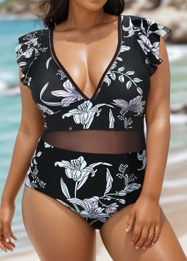 Black And White Floral Print Ruffle V-Neck Mesh One Piece Swimsuit