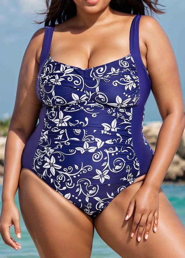 Blue Floral Tummy Control Curvy Swimwear Bathing Suits One Piece Swimsuit