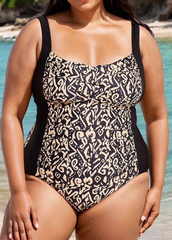 Plus Size Yellow Geometric Print Tummy Control Swimsuits One Piece Swimsuit