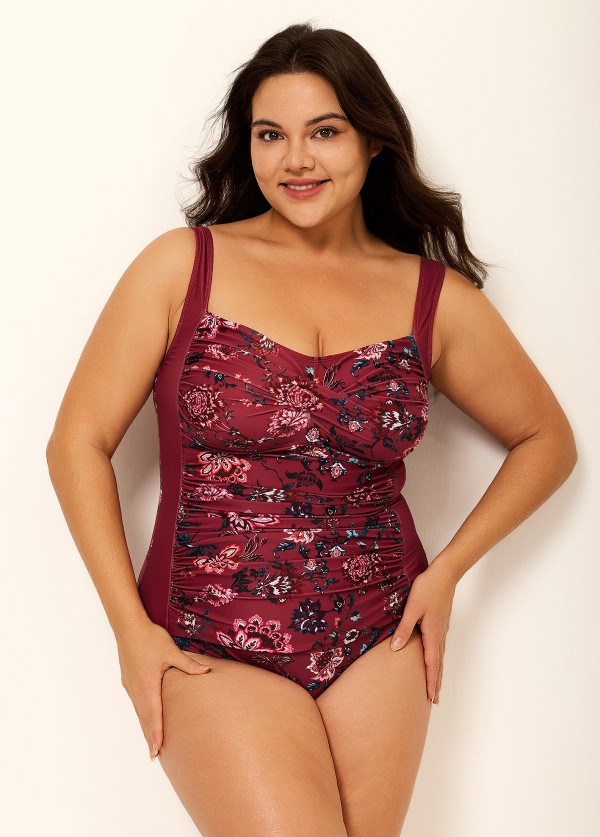 Red Floral Print Pleated Fashion One Piece Swimsuit