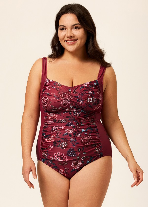 Red Floral Print Pleated Fashion One Piece Swimsuit