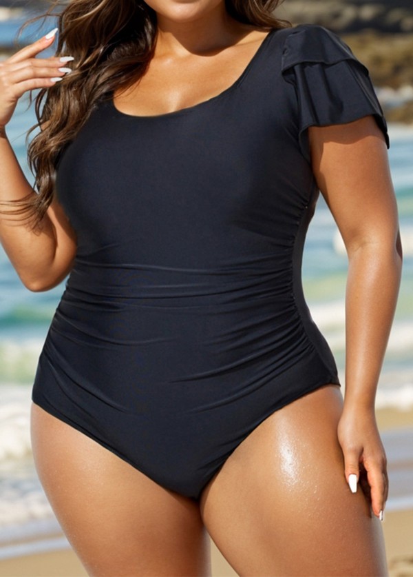Black Square Neck Double Ruffle Sleeves One Piece Swimsuit