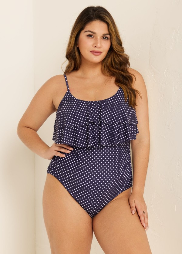 Navy Scoopneck Dot Layered One Piece Swimsuit