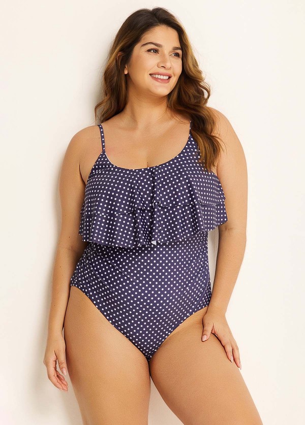 Navy Scoopneck Dot Layered One Piece Swimsuit