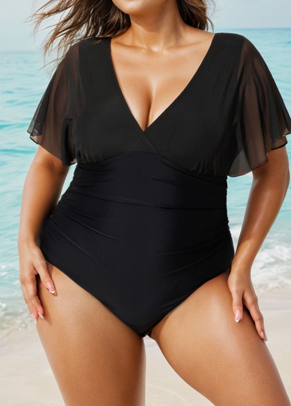 Black V Neck Mesh Flutter Sleeves One Piece Swimsuit